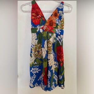 FARM Rio Blue Floral V-Neck Mini Dress with Red & Green Accents